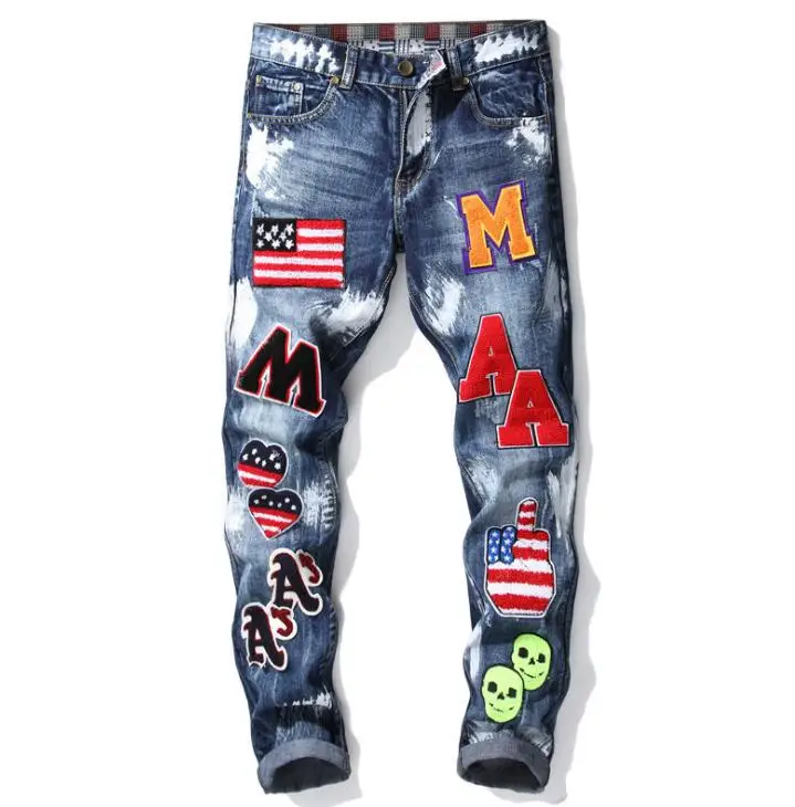 Autumn Winter new Straight jeans Men's pants embroidery National flag badge paint self-cultivation No bombs slim trousers blue | Мужская