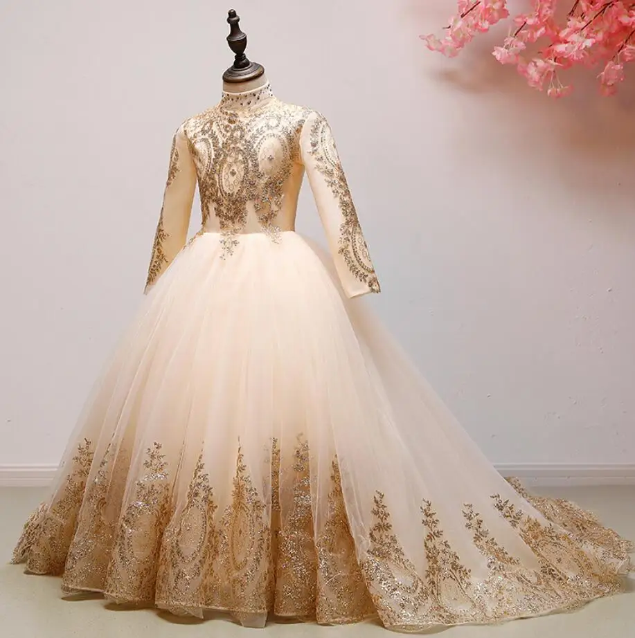 Gold Sequin Lace Flower Girl Princess Dress Long Sleeve Trailing Party Wedding Toddler First Communion Gown | Детская одежда и