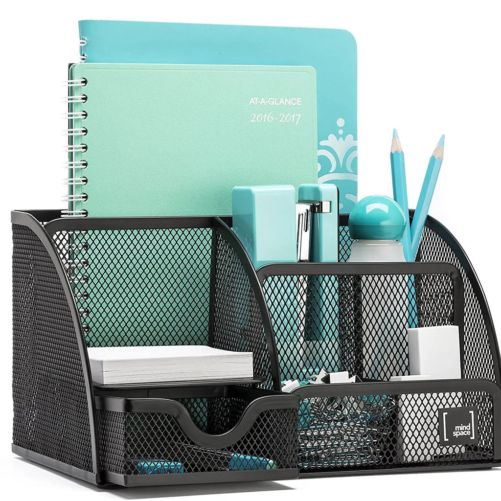 Multi-function metal desktop Organizer with 6 Compartments Drawer | The Mesh Collection Black Office storage rack#2B03