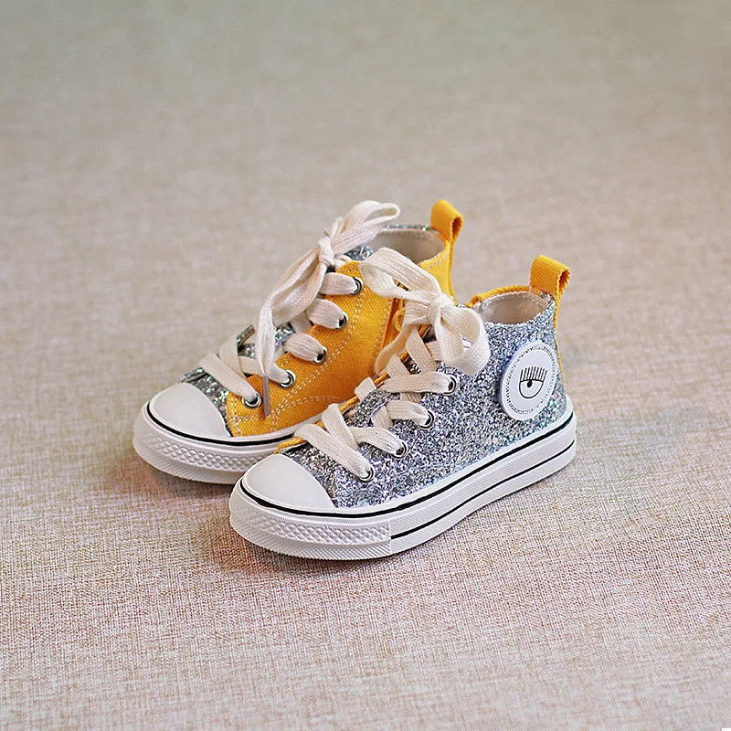 2020 Girls Boys Glitter Sequin High Top Canvas Sneakers Baby/Toddler/Little/Big Kid Casual Trainers Children Yellow Bling Shoes | Детская