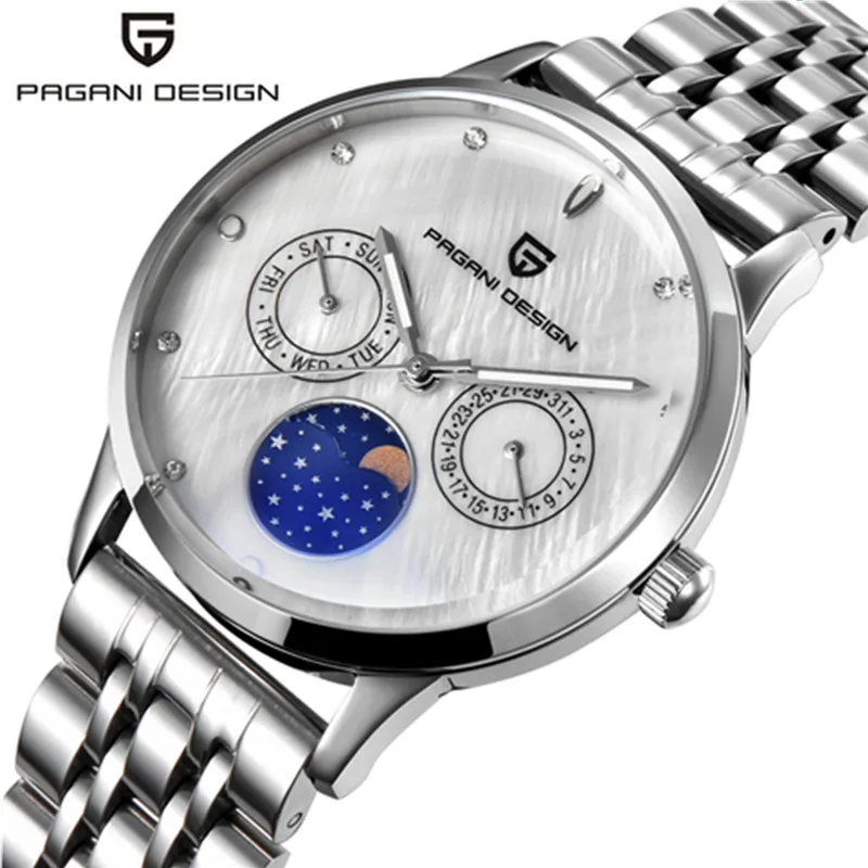 SteelWhite Relogio Feminino PAGANI дизайнерские женские модные часы с браслетом женские водонепроницаемые кожаные кварцевые наручные часы с фазой Луны - Цвет: SteelWhite