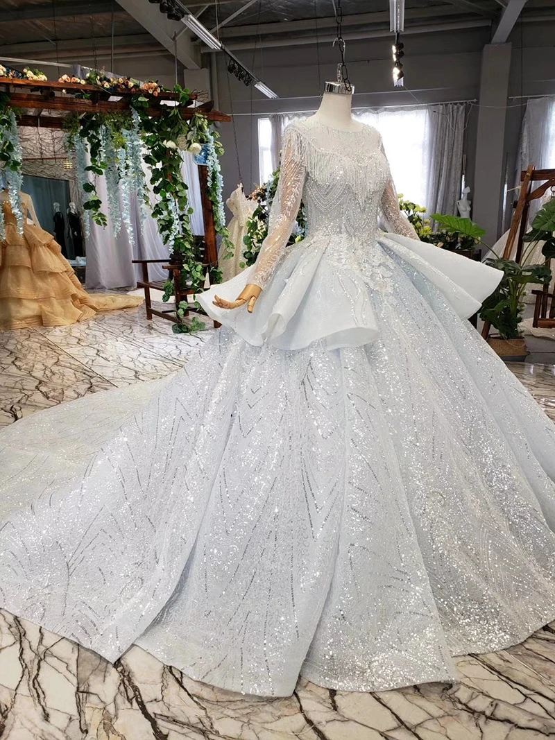 HTL531 роскошное свадебное платье со шлейфом круглым вырезом длинными рукавами