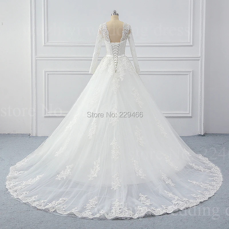 

Wuzhiyi High Quality A-Line Wedding Dress Long Bridal Gown O-neck Luxury Sashes Robe de Marie Marie Bow Wedding Gown Customise