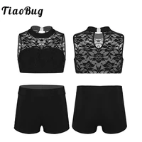 tiaobug kids teens sleeveless floral lace crop top with bottoms girls ballet sports gymnastics shorts tops set stage dance wear