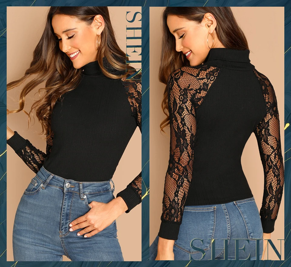 SHEIN, черный, Highstreet, элегантный, контрастный, кружевной, тонкий, облегающий, Одноцветный, в рубчик, вязанный, отвесный, пуловер, футболка, осенняя, женская, повседневная, женская футболка, Топ