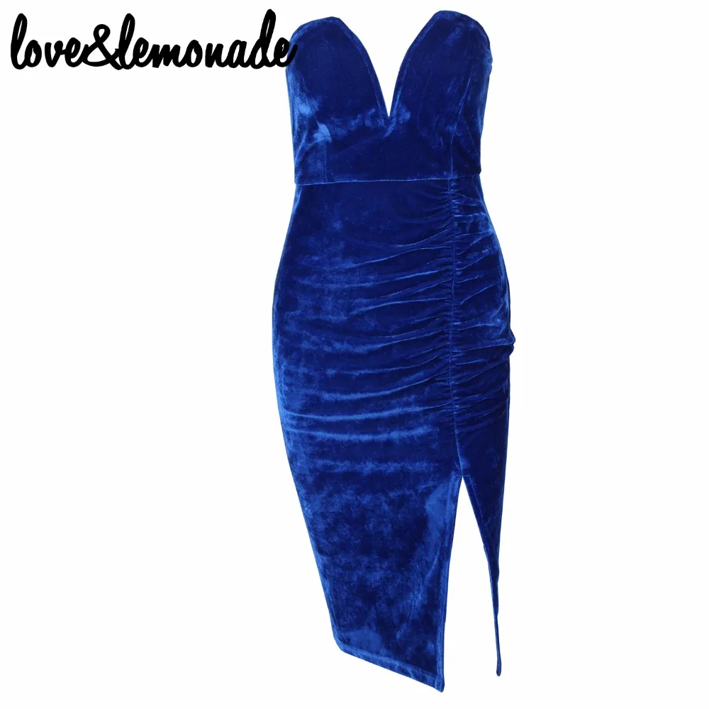 Бархатное платье с v образным вырезом и разрезом Love & Lemonade Blue TB 9889|dresse|dresses cutedresses