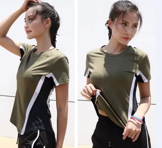 Зеленый Для женщин YogaShirt для Фитнес Запуск Спортивная Футболка спортивная быстросохнущая пот дышащие упражнения топы с короткими рукавами - Цвет: Зеленый