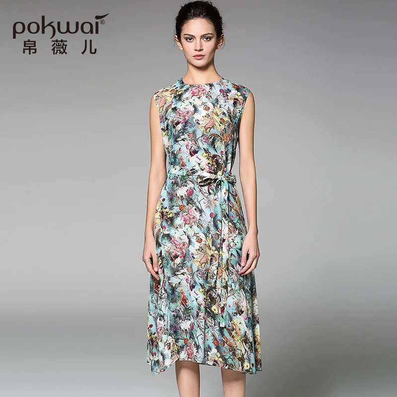 POKWAI повседневное летнее шелковое платье высокого качества Женская мода 2017 новое