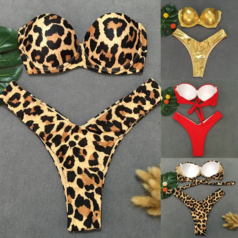 

2019 New Style Fashion Hot Padded Bra Bikini Set Swimsuit Women Bandage Push-up Leopard Triangle Swimwear Two-Piece Suits