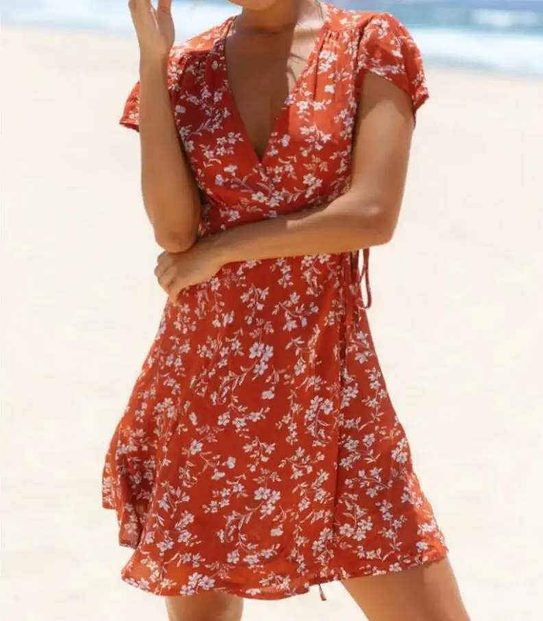 Летнее сексуальное платье с глубоким v образным вырезом коротким рукавом