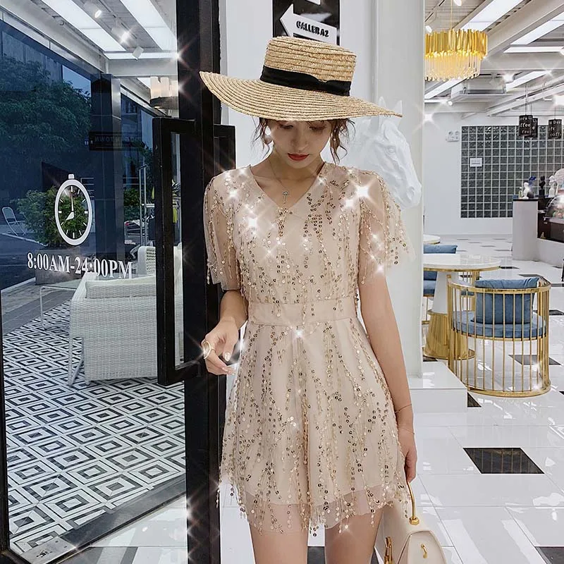 Beige Playsuit Новое поступление, женский комбинезон с v-образным вырезом, высокой талией, расшитый блестками, с сеткой, в стиле пэчворк, блестящий, с коротким рукавом, в стиле ретро, элегантный, с широкими штанинами, S96102F - Цвет: Beige Playsuit