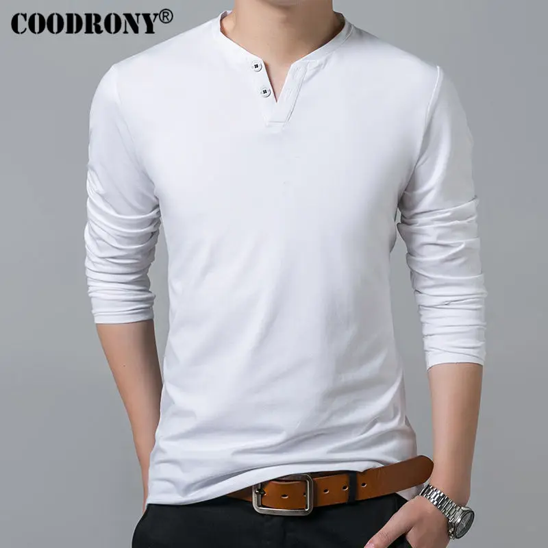 COODRONY, Мужская футболка,, весна, осень, новинка, длинный рукав, Генрих, воротник, футболка, мужская, брендовая, мягкая, чистый хлопок, тонкая, подходят, футболки, 7625