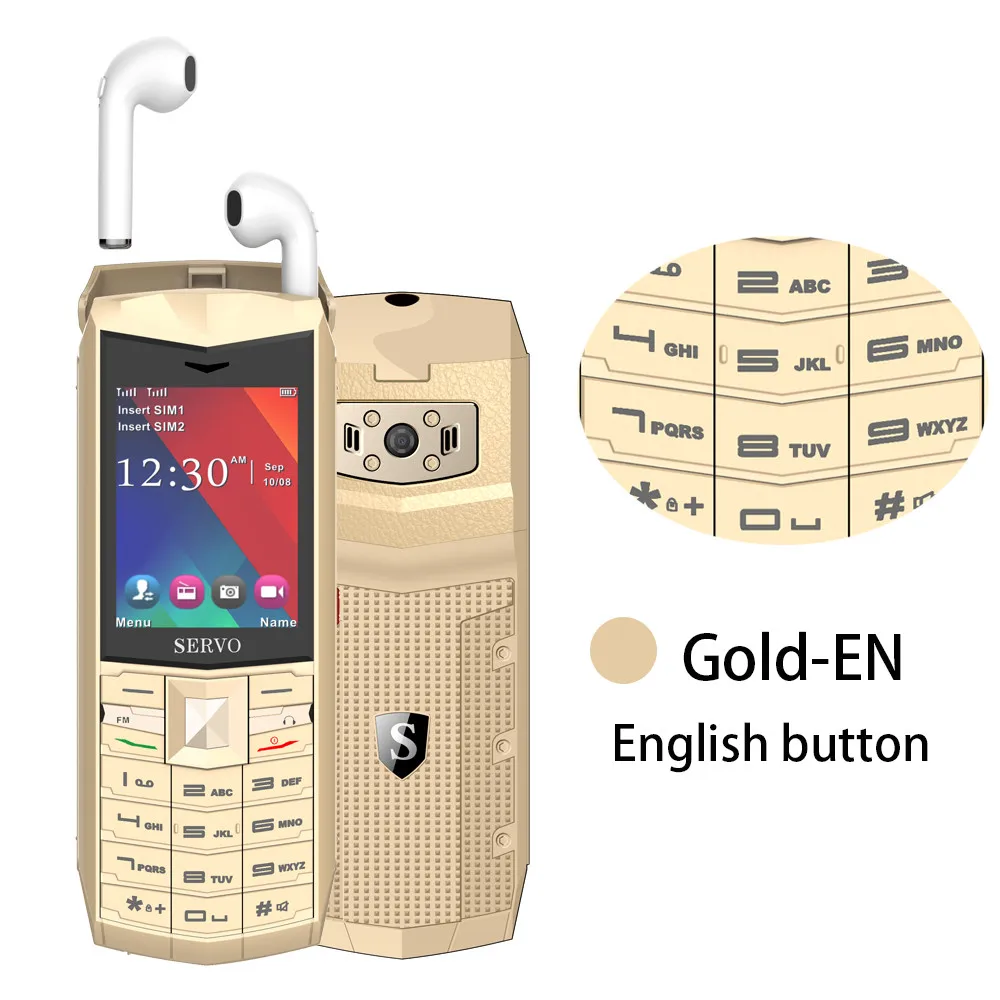 Gold English button SERVO R26 2," мобильный телефон с TWS 5,0 Bluetooth беспроводные наушники 3000 мАч Внешний аккумулятор GSM GPRS 2 sim-карты мобильного телефона - Цвет: Gold English button