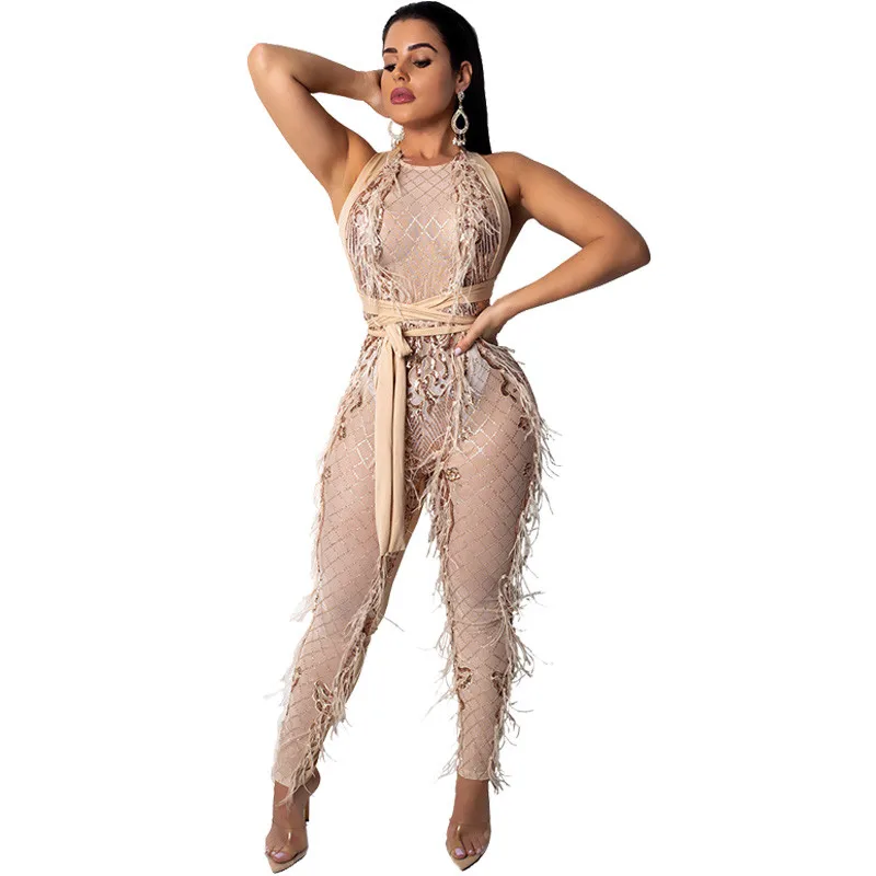 Женский комбинезон с перьями и кисточками открытой спиной черный сексуальный