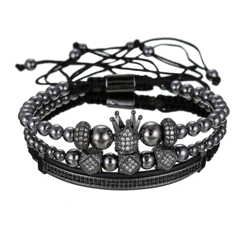 

3pcs/set Handmade Luxury CZ ball Crown Charm Copper Bead Macrame Bracelets Gold Crystal Tube Bracelets&Bangles Set For Women Men