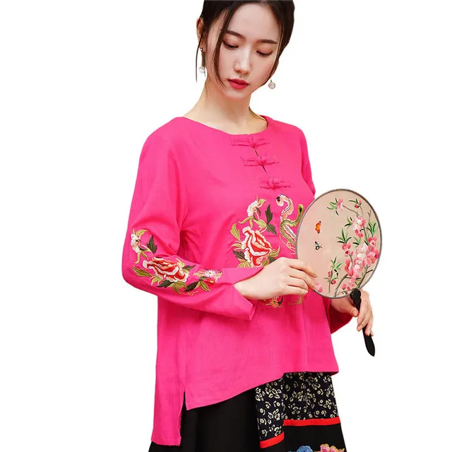rose red Китайская традиционная Стиль Для женщин из хлопка и льна рубашка блузка Винтаж женские ботинки выше лодыжки с цветочной вышивкой, топы Восточный костюм Hanfu показать Костюмы - Цвет: rose red