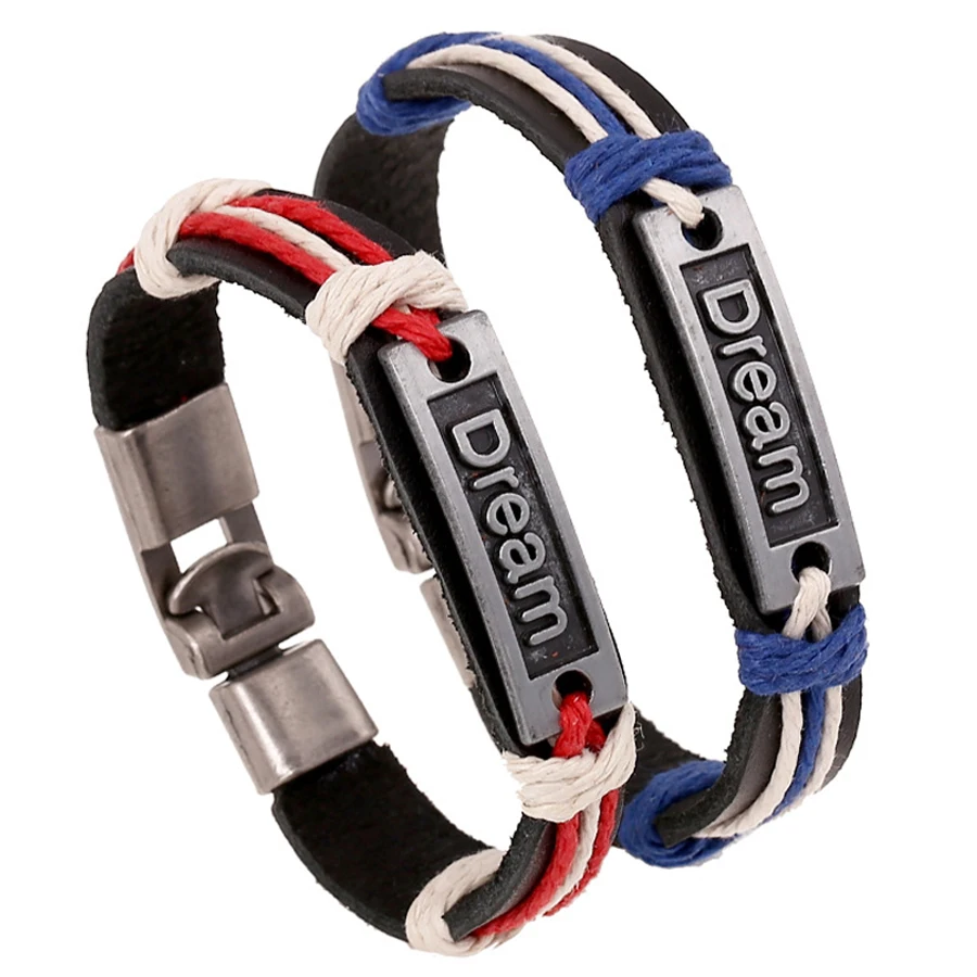 Письмо &quotМечта&quot Кожаные Браслеты Мужчины Женщины Панк Старинные Браслет