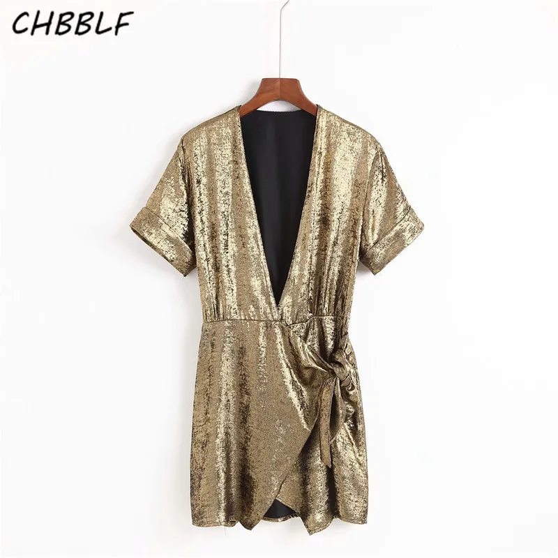 CHBBLF женское сексуальное блестящее платье с запахом v образный вырез галстук