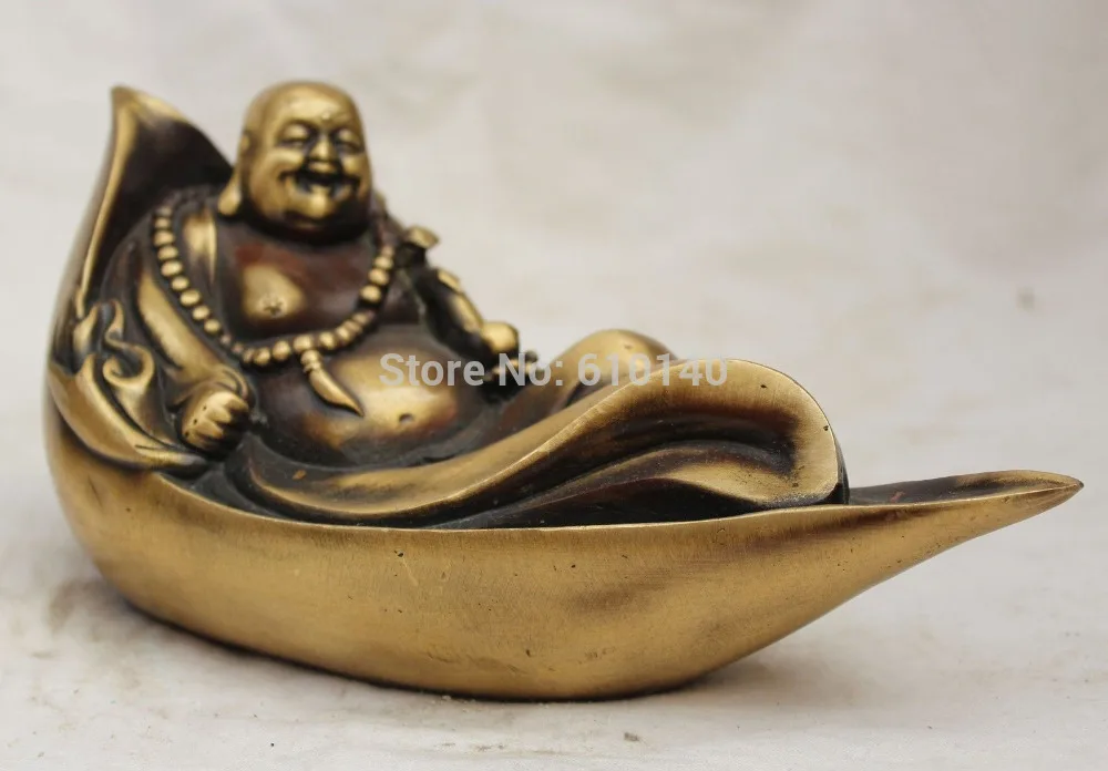 9&quot Chinese Budhdism Copper lotus leaf Happy Laugh Maitreya Buddha Ruyi Statue |