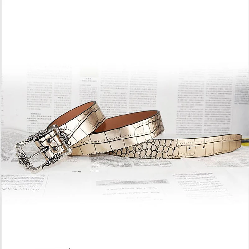 Женский ремень из натуральной воловьей кожи винтажный с пряжкой цвет золотистый