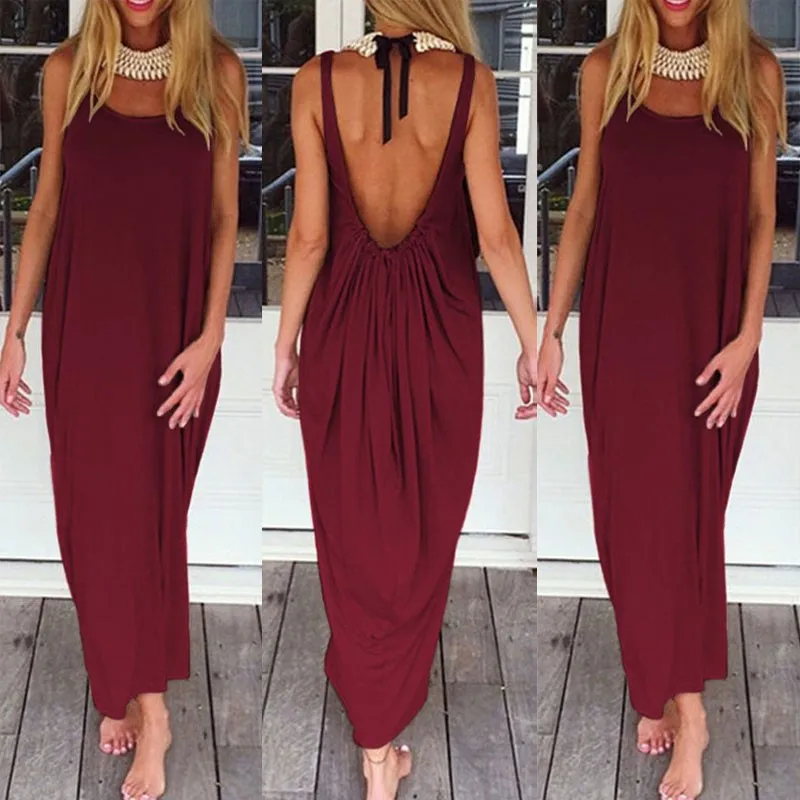 Бренд Zanzea Vestidos женское модное повседневное свободное одноцветное платье без рукавов с открытой спиной длинное пляжное платье размера плюс