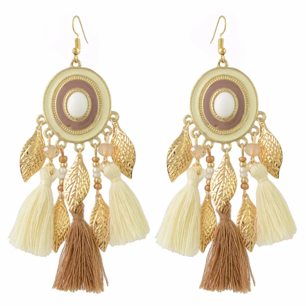 Fashion Jewelry Bohemian Antique Gold Color Tassel Coloful Ball Leaf Earrings Long Ethnic Female from india | Украшения и