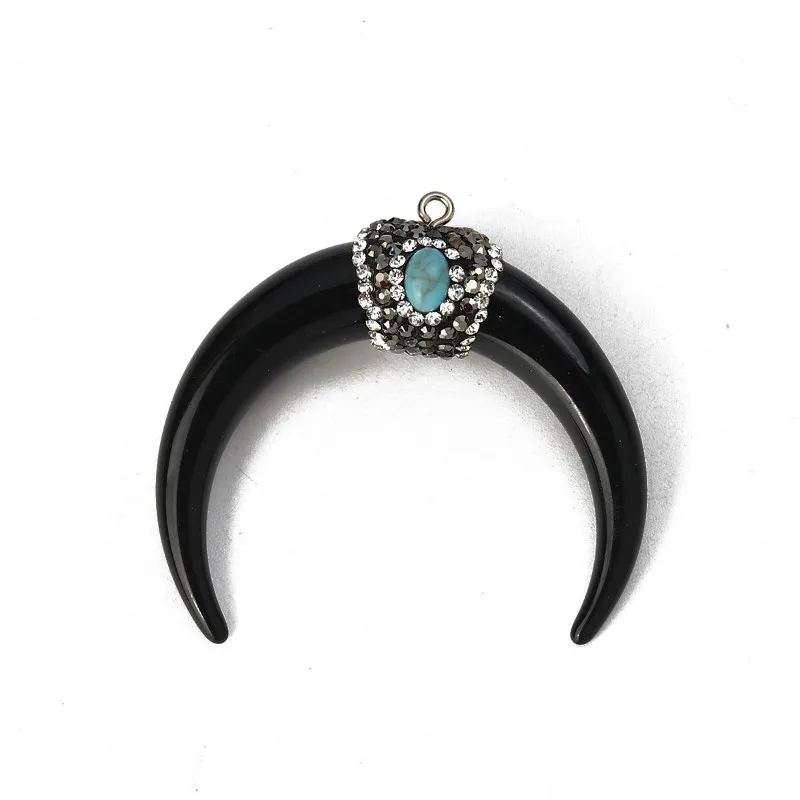 Black Дорин коробка смола Boho Chic подвеска в форме рожка-образный Micro Pave Прозрачный Стразы 5,4 см х 5 см(2 1/" x2")-5,2 см x 4,8 см(" x1 7/8"), 1 шт - Окраска металла: Black