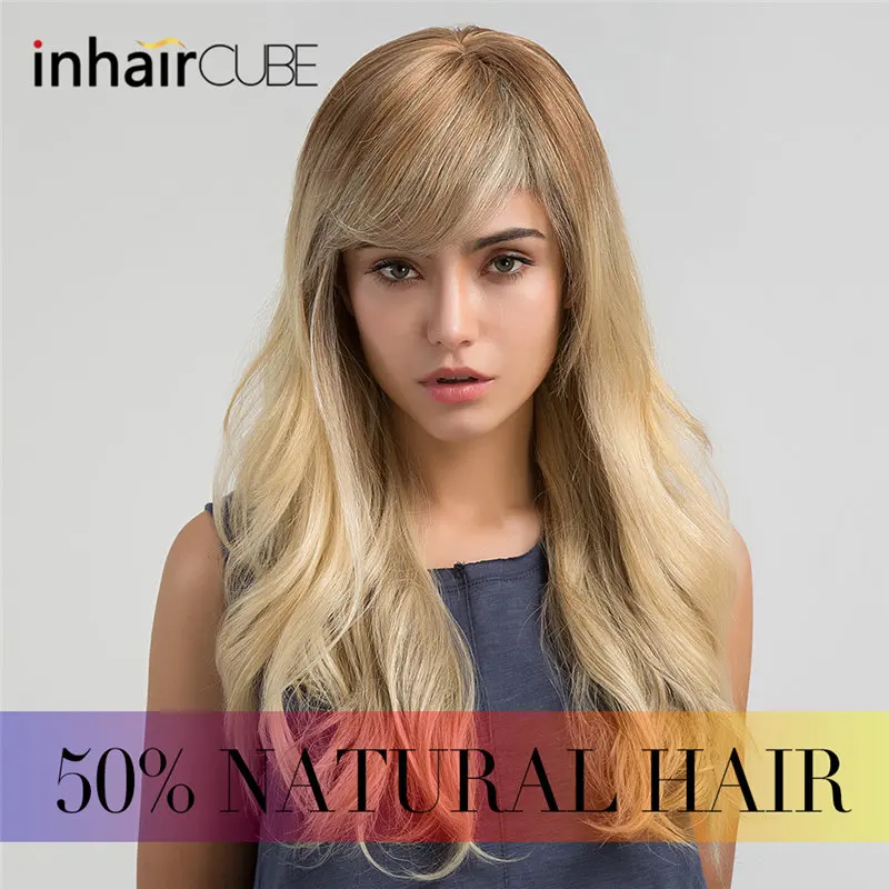 Inhair Cube 24 дюйма длинные прямые светлые парики Смешанные человеческие волосы синтетический парик с боковой челкой для белых женщин 5 цветов - Цвет: 8T24H613
