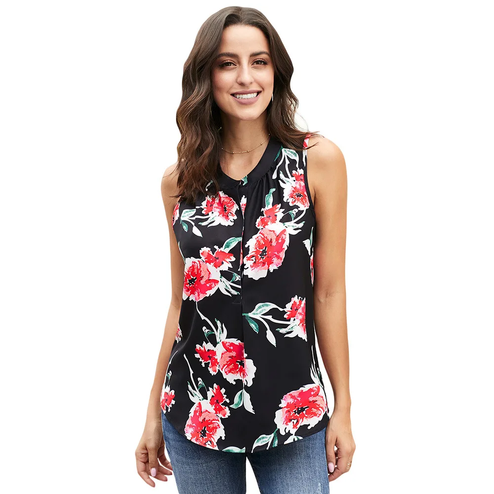 

Women Printed Damsel Tank Sleeveless Shirt Summer Pullover V-collar Chiffon Loose Top