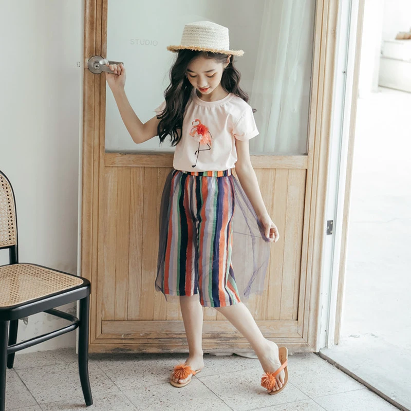 Striped Wide leg Pants Teenage girls clothing 2019 New Summer Clothes Cotton Printed Short-sleeve Tops two pieces sets 8 10 12 | Детская