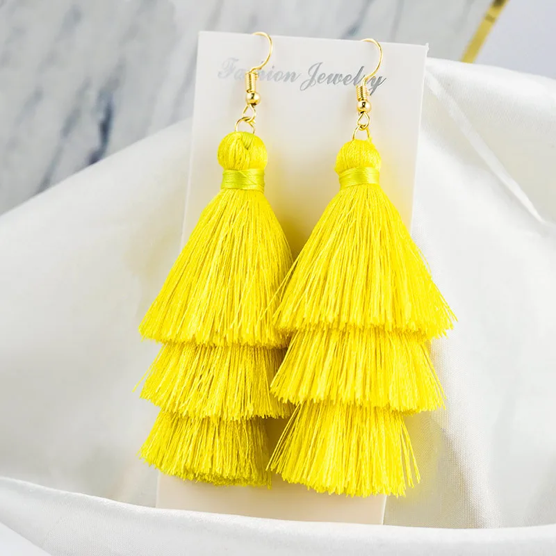 HIYONG Newest 3 Layered Long Tassel Drop Earrings for Women Female Bohemian Pendant Fringe Stratified Woman Earring Gift Jewelry | Украшения