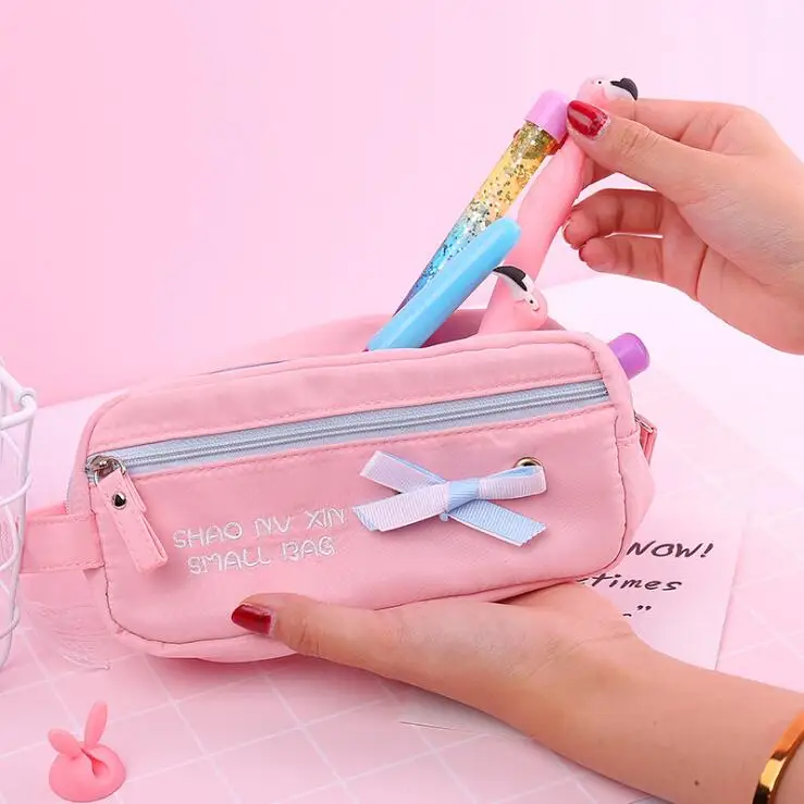 Холст большой емкости Пенал чехол с креативным бантиком Дизайн Kawaii Милая молния