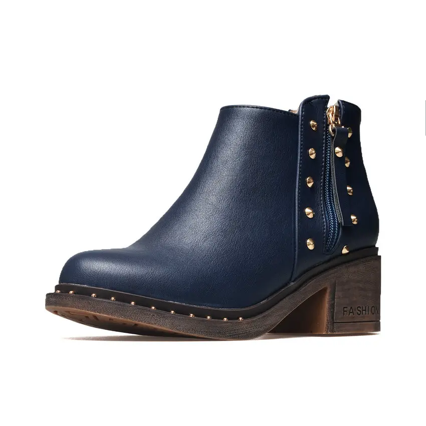 QUTAA Round Toe Casual Women Ankle Boots Winter Warm Fur Antiskid Shoes Fashion Rivet Thick Heel Zipper Boots Size 34-43