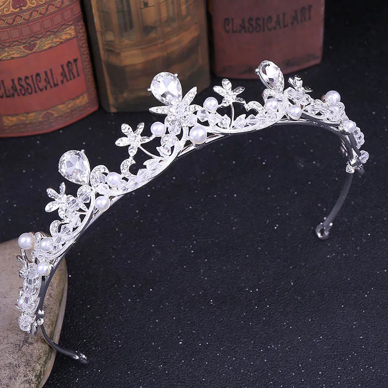 Свадебная тиара серебряного цвета золотого с кристаллами Корона жемчужная