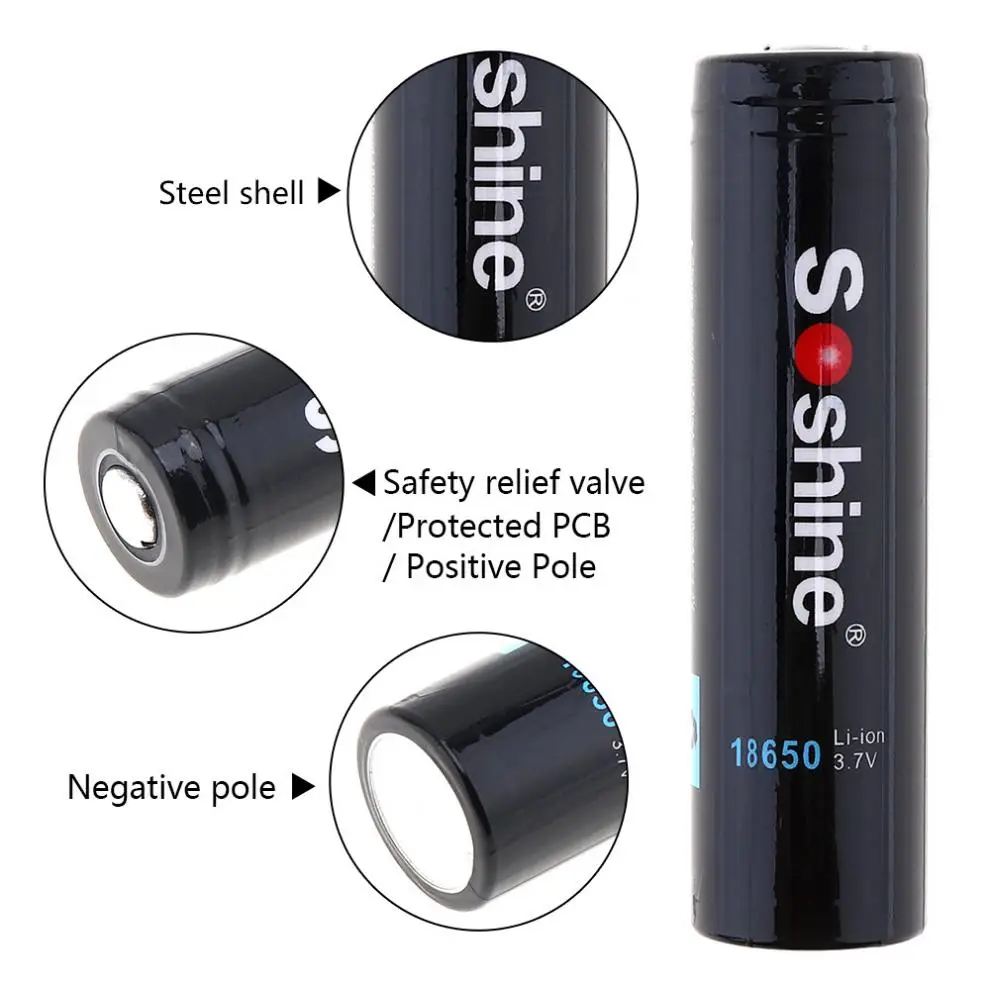 2шт Soshine 3 7 V 3600mAh Большая емкость 18650 литий ионная аккумуляторная батарея с
