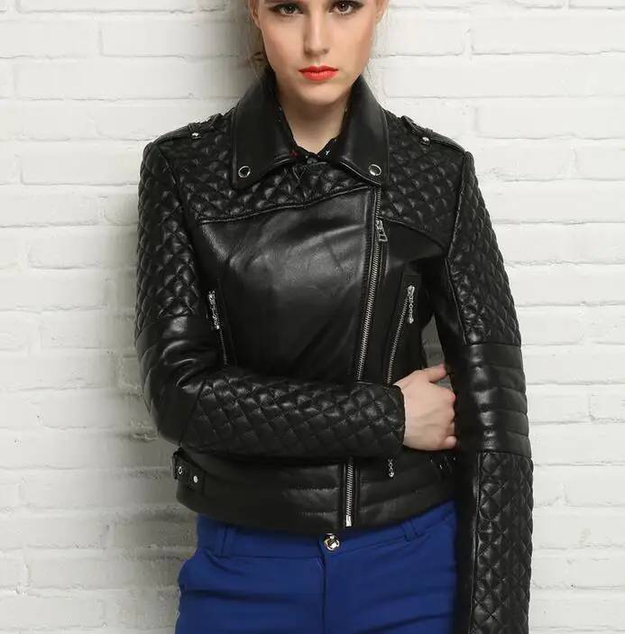 Fashion spring and autumn clothing sheepskin coats womens genuine leather jacket women jaqueta de couro turn-down collar black