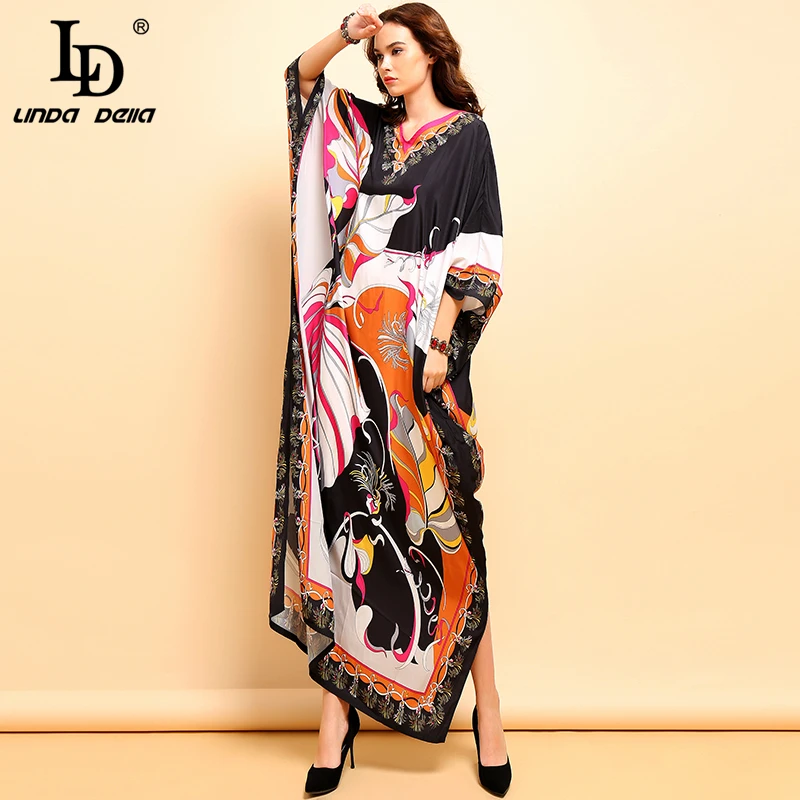 LD LINDA DELLA Fashion Runway Plus Size Dress Women's Batwing Sleeve Printed Side Split Vintage Vacation Loose Maxi Long Dresses