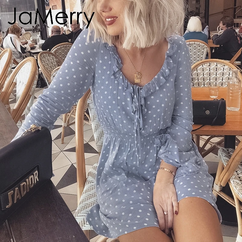 JaMerry Винтаж пикантные рюшами boho платья в горошек Для женщин летние длинные рукава