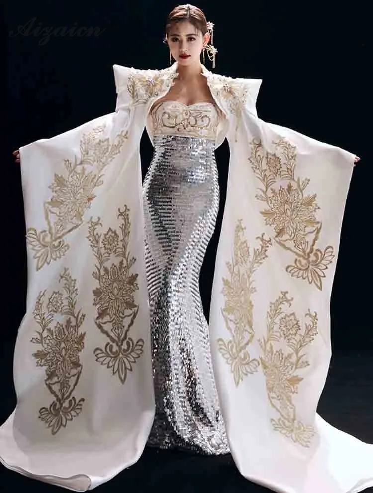 Новая вышивка Cheongsam Длинные вечерние платья для женщин Китайская традиционная одежда Qipao Королевский синий роскошный модный показ