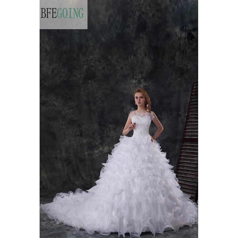 

White Organza Strapless Beading Ruffles Floor-Length A-line Wedding Dresses Chapel Train Sleeveless