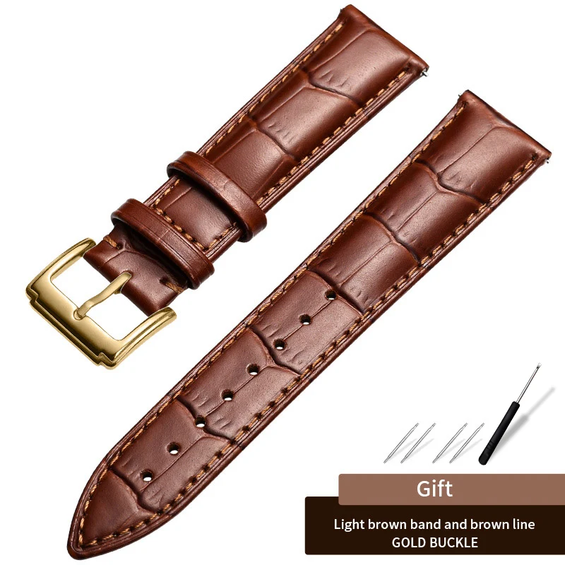 Gold-Light Brown Carouse Watchband Black Real Leather Strap 14mm 16mm 18mm 19mm 20mm 21mm 22mm Watch Band Bracelet Metal Pin Buckle wristband - Цвет ремешка: Gold-Light Brown