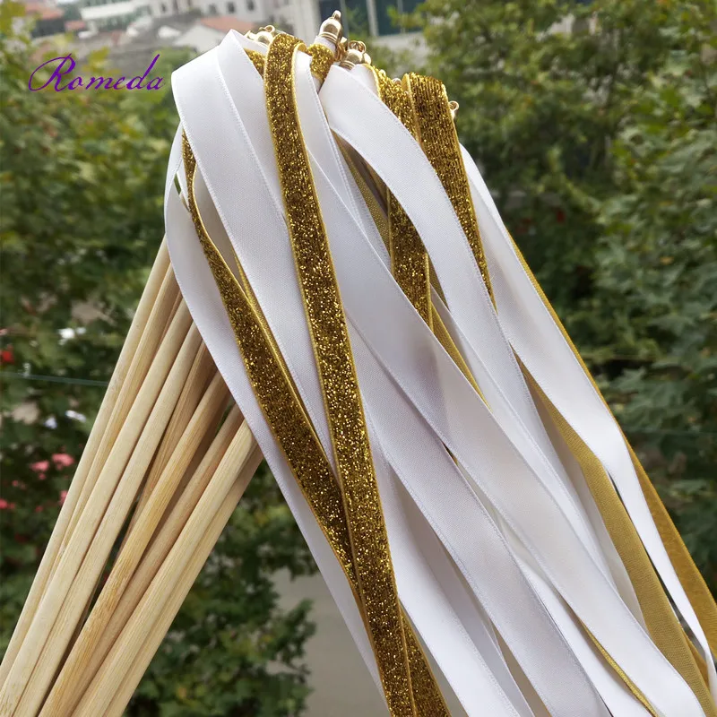 Varitas de cinta de boda de oro y blanco con campana de oro para decoraci&oacute;n de boda, 50 unids/lote, novedad-0