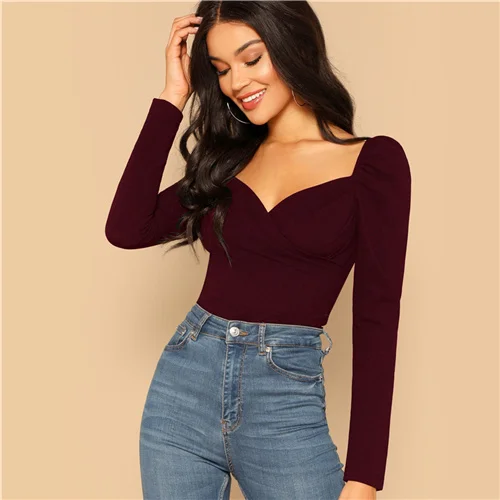 Maroon Sheinside элегантные блузки для женщин на молнии сзади с пышными рукавами, облегающая накидка, милый топ, женская блузка с длинным рукавом, рубашка - Цвет: Maroon