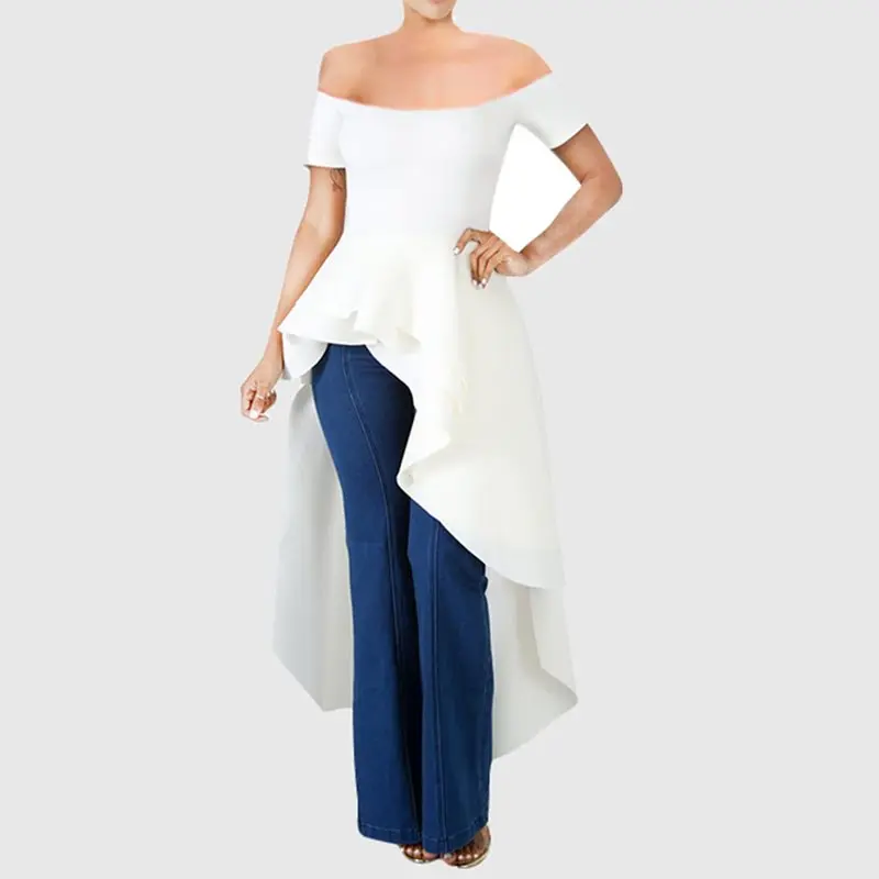 Женская Длинная блузка с рюшами красная открытой спиной и открытыми плечами