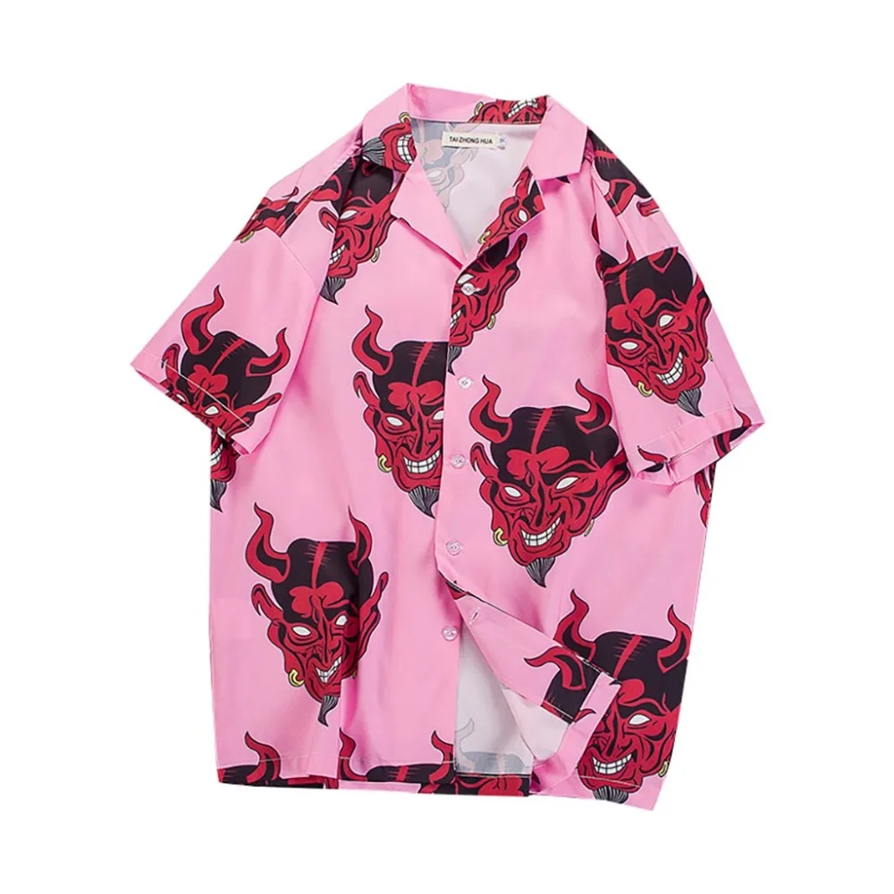 Camisa, уличная одежда, мужские рубашки, короткий рукав, дьявол, рэпер, Харадзюку, свободная Гавайская, с цветочным принтом, полная печать, летняя рубашка, Chemise Homme