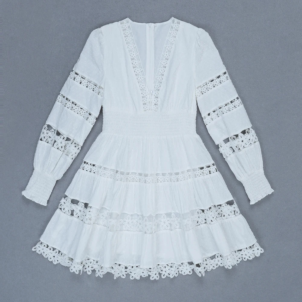 2019 New Women elegant white lace v neck long sleeve fashion Bandage Dress Vestidos Celebrity Evening Party Dresses | Женская одежда