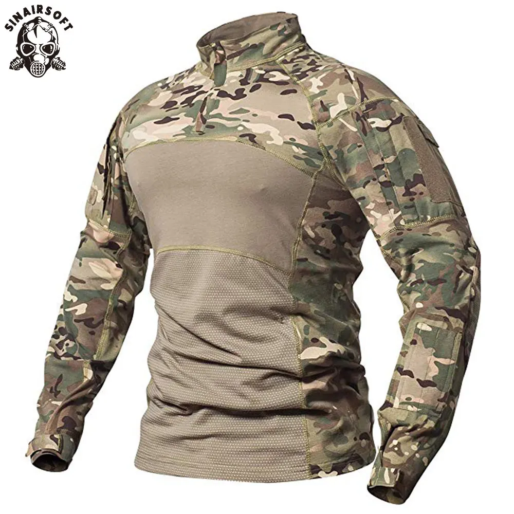 SINAIRSOFT Men's Tactical Military Combat Shirt Breathable Cotton Army Assault Camo Long Sleeve T Shirt Outdoor Sports LY0107