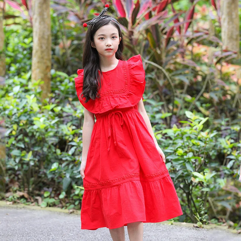 Korean Style Ruffled Princess Cotton Long Dress for Girl New 2019 Red Pink Party 10 to 12 years | Детская одежда и обувь
