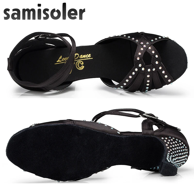 Samisoler Black New Cloth Collocation Shine Ribbons Ballroom Fashion Dance Women Latin Dance Competition Shoes