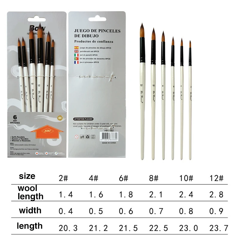 Многопиковая нейлоновая кисть для акварельной краски волос белая деревянная